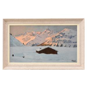 Landscape Painting, Mountain With Snow, Alps, Oil On Panel, XX. (qp749)