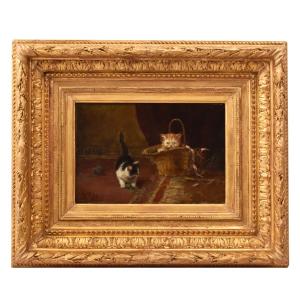 Antique Paintings, Small Portrait Of Two Playing Cats, Oil On Panel, Late 19th Century (qa751)