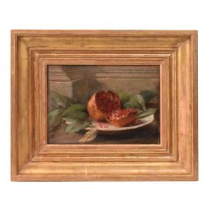 Still Life Painting, Small Still Life With Pomegranate, Antique Painting, XIX. (qnm754) 