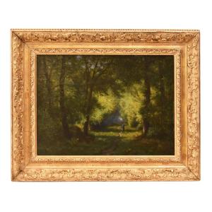 Tableau Ancien, Hector Pron, Petit Paysage Sous Bois, Huile Sur Panneau, XIXème Siècle. (QP755)