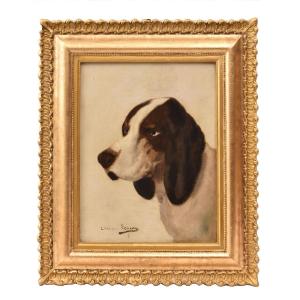 Antique Painting, Hunting Dogs Portrait Painting, Pointer Or French Braque, Oil, XIX (qa756)