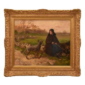 Landscape Painting, Antique Oil Landscape Painting, Shepherdess And Dog, XIX. (qp759)
