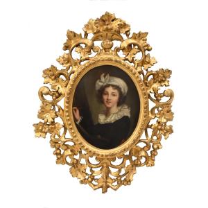 Tableau Ovale Ancien, Petit Portrait De Jeune Femme, Huile Sur Carton, XIXè Siècle. (QR761)