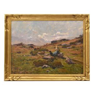 Antique Landscape With Young Shepherdess Painting, Oil On Canvas, XX Century. (qp762)