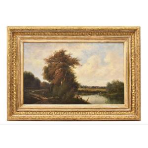 River Landscape Painting, Antique Oil Landscape With Fishermen, Barbizon School, XIX. (qp763)