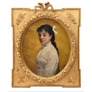Antique Oval Woman Portrait, Painting, Young Woman, Oil On Canvas, XIX Century. (qr764)
