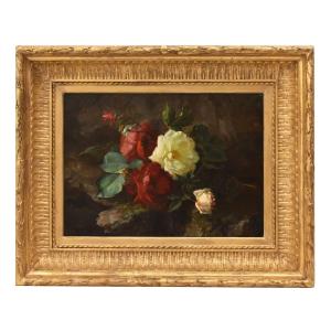 Nature Morte Florale, Jean-Marie Poy, Roses Rouges Et Blanches, XIX. (QF767)