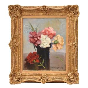 Petite Nature Morte Florale, Léon Laurent Galand, Peinture Fleurs, Œillets, XX (QF768)