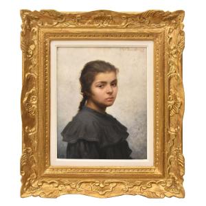 Antique Woman Portrait Painting, Young Woman With A Braid, Oil On Canvas, XIX Century. (qr769)