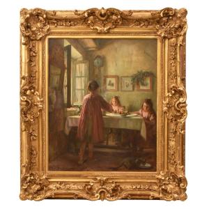 Antique Genre Painting, Interior Scene, Domestic Interior, Oil On Canvas, Art Nouveau, (qr772)