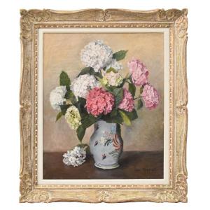 Nature Morte Florale, Émile Rogerol, Peinture Fleurs, Hortensias, XX, Art Nouveau. (QF775)