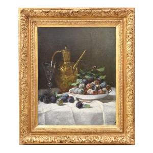 Tableau Ancien, Eugène Claude, Nature Morte Prunes et Fruits, XIX Siècle. (QNM776)