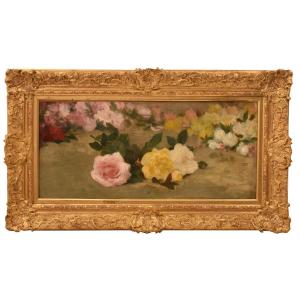 Flowers Still Life Painting, Jeté De Roses, Oil On Canvas, Antique Painting, XIX. (qf782)