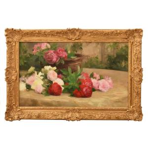 Still Life Painting, Flowers Painting Of Roses, Oil On Canvas, Antique Painting, XIX (qf783)