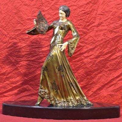Antique Antimony Sculpture, Woman With Fan Sculpture, Art Deco, 20th Century. (stan25)