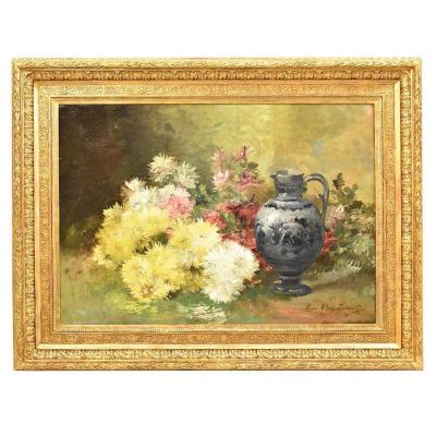 Antique Painting, Oil Painting Flowers, Vase Of Flowers Painting, XIX Century. (qf265) 