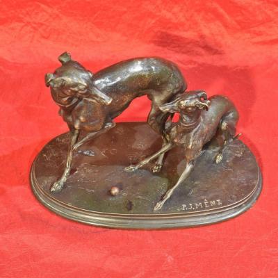 Antique Bronze Sculpture, Avec Deux Chiens Lévriers, Signé Pierre-Jules Mène,  XIXè. (STB38)