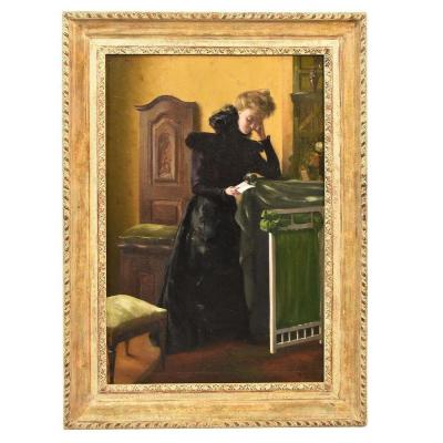 TABLEAUX ANCIENS, PORTRAIT ANCIEN, FEMME ÉLÉGANTE, HUILE SUR TOILE, FIN DU XIX SIÈCLE. (QR 317)