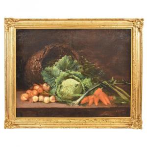 Antique painting, Still Life Painting, Basket With Vegetables,  Early 20th Century. (qnm 356)