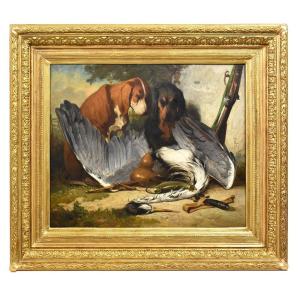 Dogs Portrait Painting, Two Hunting Dogs, Oil Painting On Wood, 19th Century. (qa413)