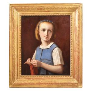 Antique Painting, Young Woman Who Sews, Portrait Painting, Oil On Canvas, XIX Century. (qr436)