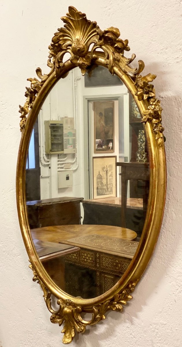 Miroir Ovale En Feuille d'Or. Lombardie 19ème Siècle-photo-4