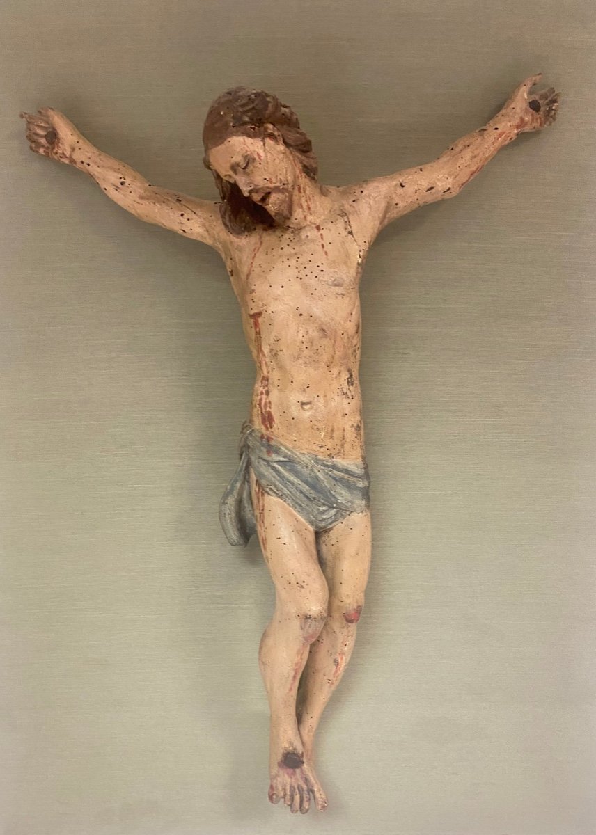 Painted Lacquered Carved Wooden Christ. Central Italian School At The Beginning Of The 18th Cen