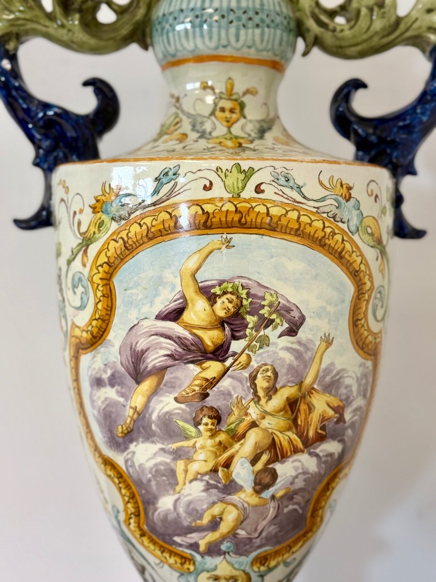 Polychrome Majolica Vase. Giovanni Mollica Naples 19th Century. Height 78 Cm-photo-3