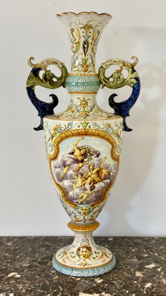 Polychrome Majolica Vase. Giovanni Mollica Naples 19th Century. Height 78 Cm
