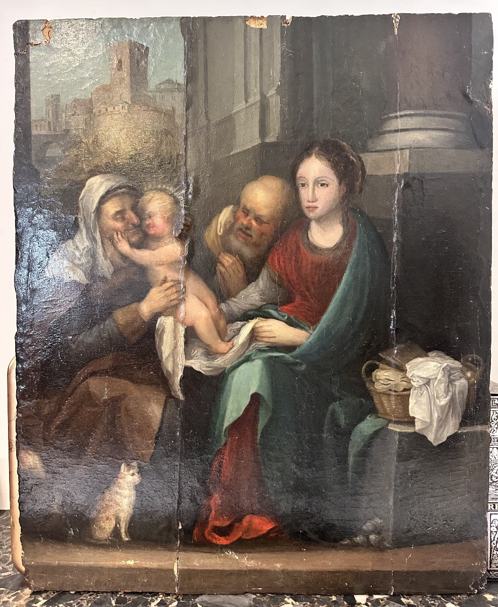 Huile sur panneau. Sainte Famille avec sainte Anne et paysage urbain. XVIe siècle.-photo-2