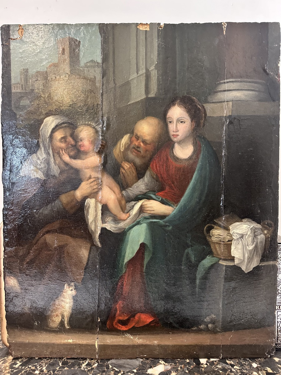 Huile sur panneau. Sainte Famille avec sainte Anne et paysage urbain. XVIe siècle.-photo-1
