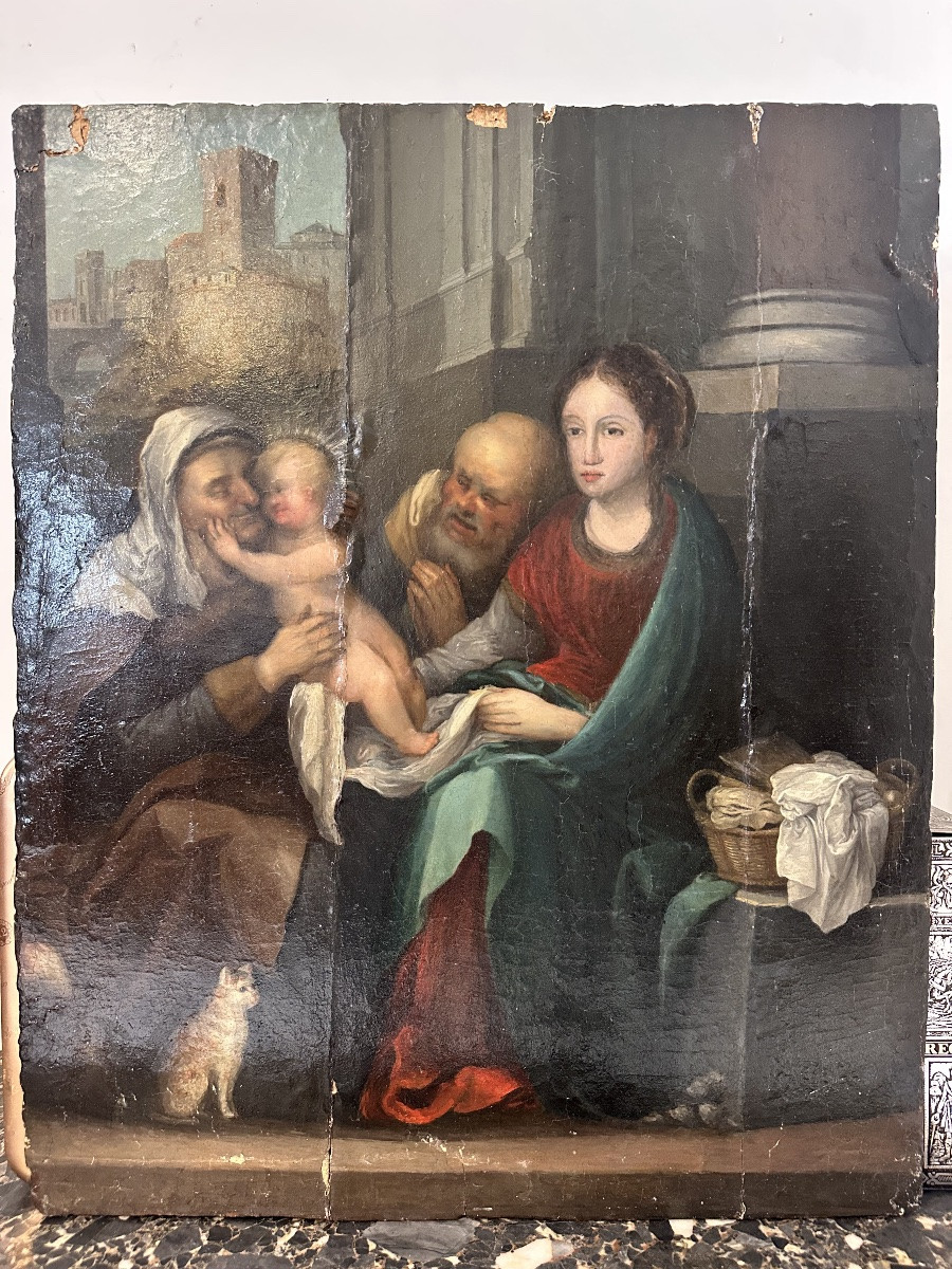 Huile sur panneau. Sainte Famille avec sainte Anne et paysage urbain. XVIe siècle.-photo-2