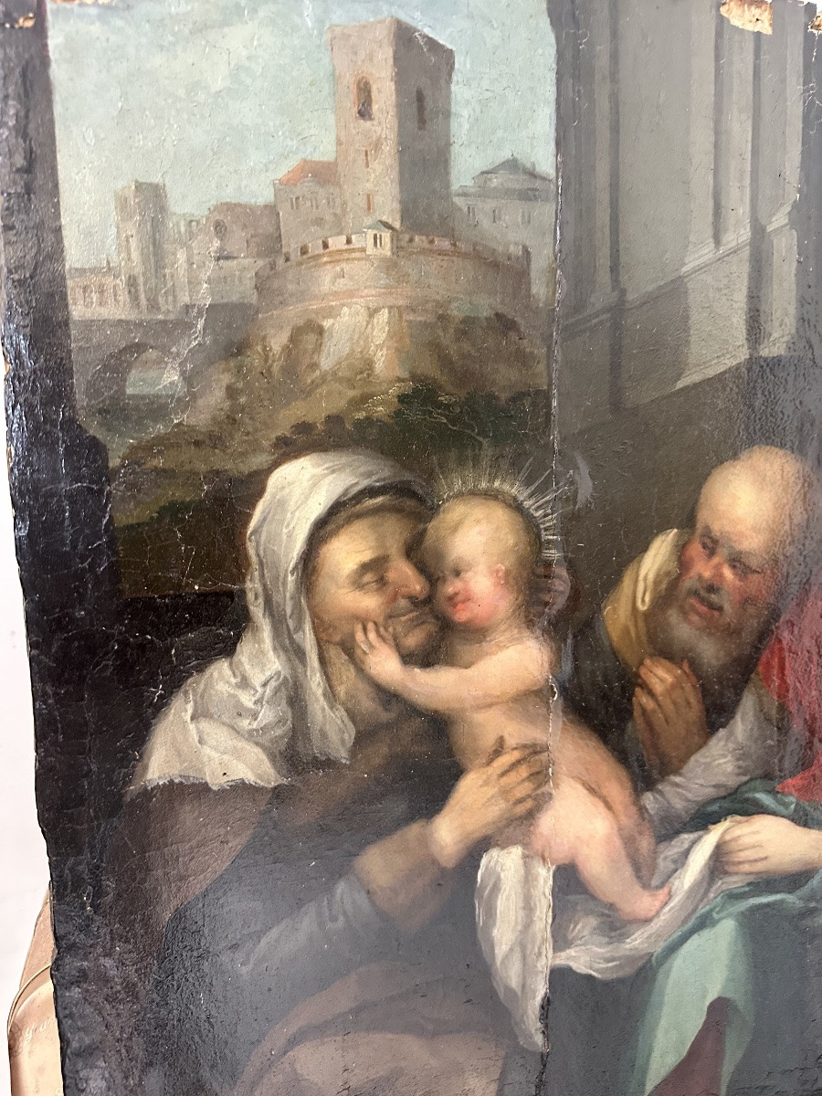 Huile sur panneau. Sainte Famille avec sainte Anne et paysage urbain. XVIe siècle.-photo-8