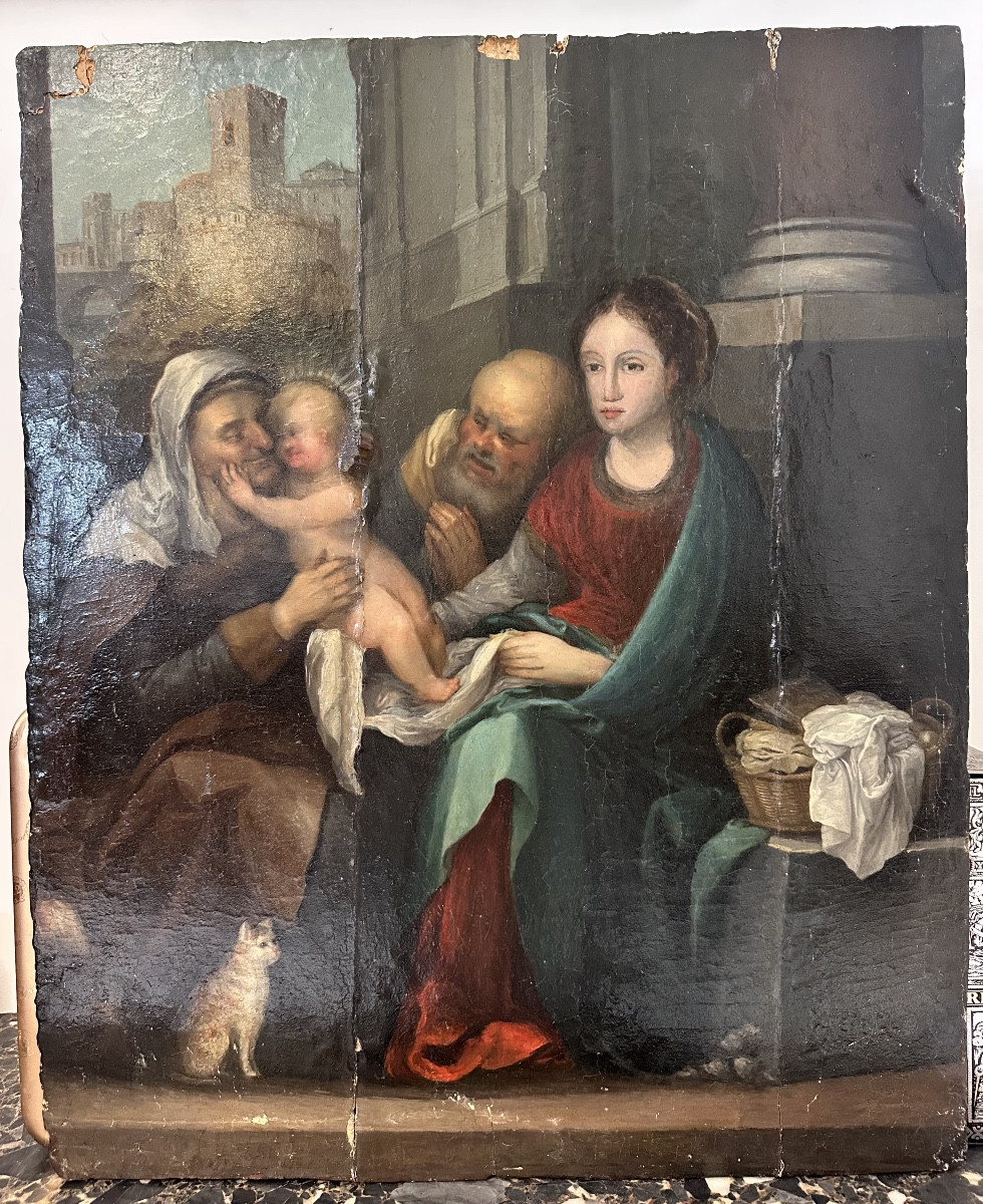 Huile sur panneau. Sainte Famille avec sainte Anne et paysage urbain. XVIe siècle.