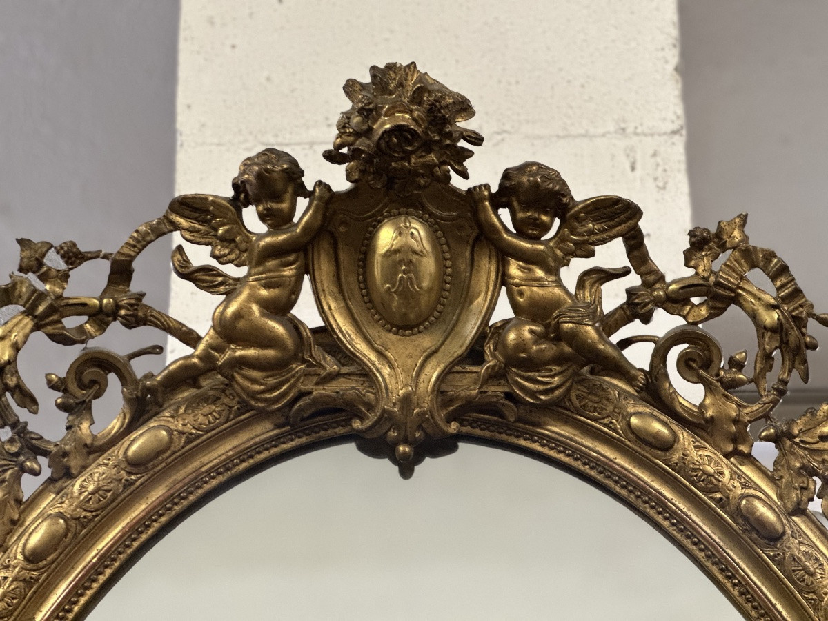 Lombard Oval Mirror In Carved Gilded Wood. Early 19th Century. 155 X 98-photo-4