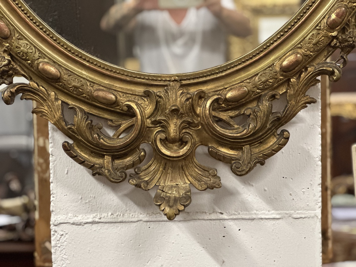 Lombard Oval Mirror In Carved Gilded Wood. Early 19th Century. 155 X 98-photo-5
