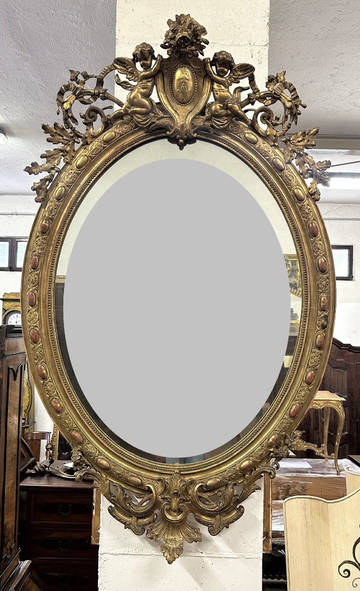 Lombard Oval Mirror In Carved Gilded Wood. Early 19th Century. 155 X 98-photo-8