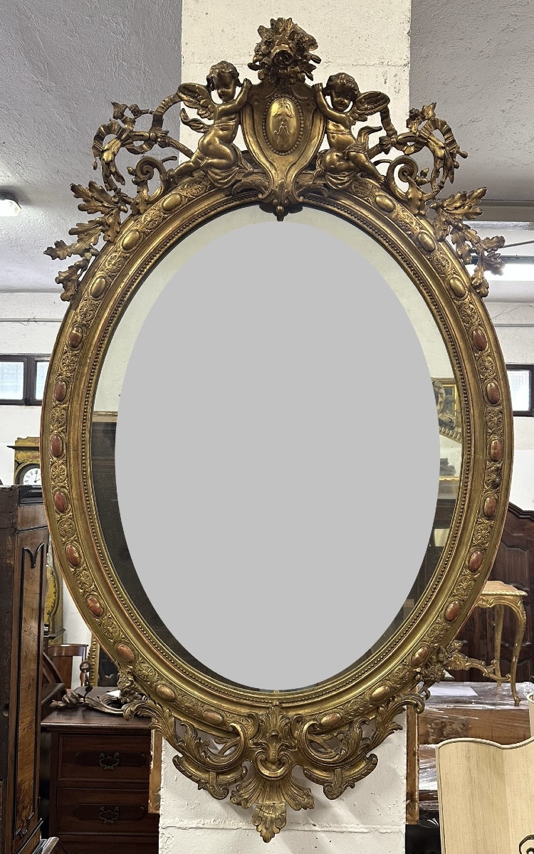 Lombard Oval Mirror In Carved Gilded Wood. Early 19th Century. 155 X 98