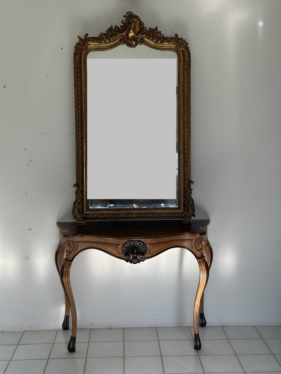 Miroir lombard sculpté et doré du XIXe siècle. 145 x 83 cm. Restauré.-photo-8