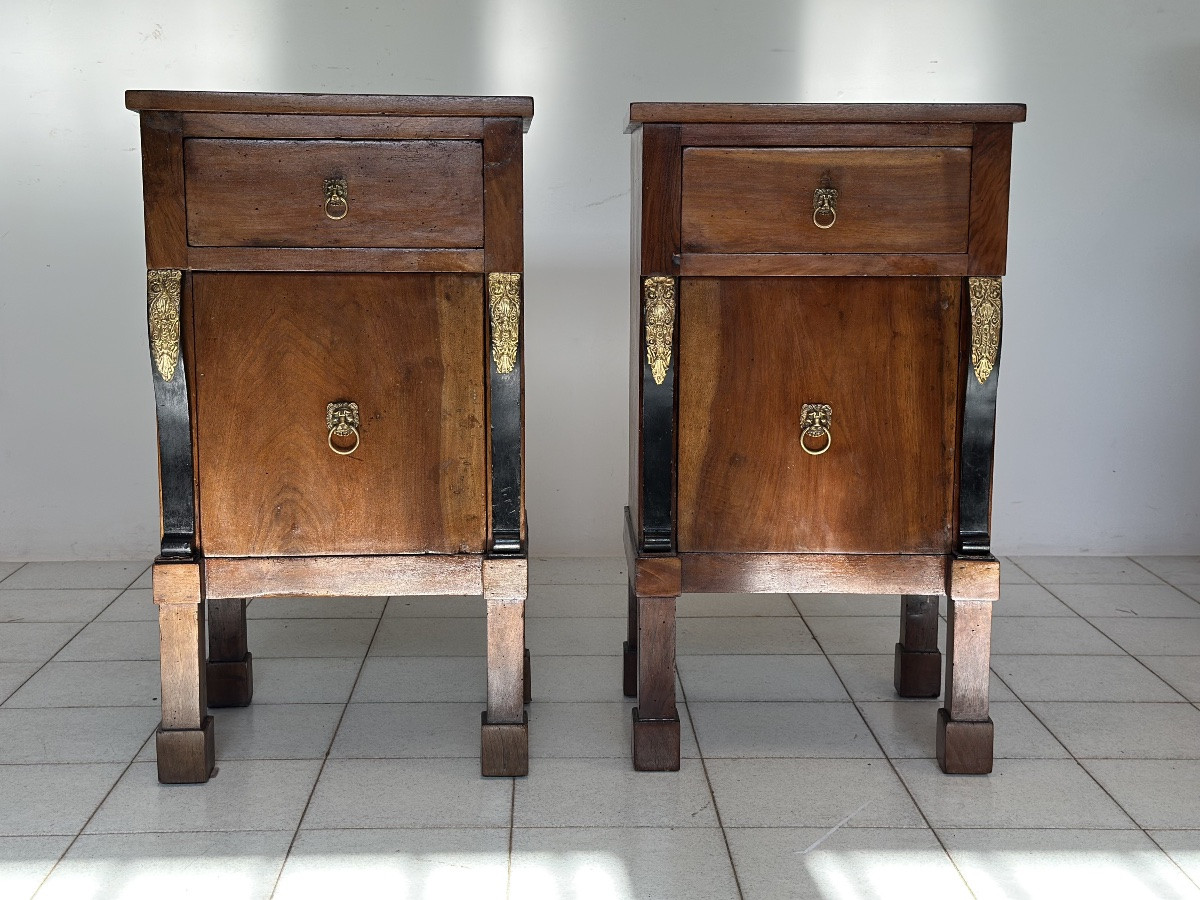 Pair Of Empire Walnut Bedside Tables, Early 19th Century Italy-photo-2
