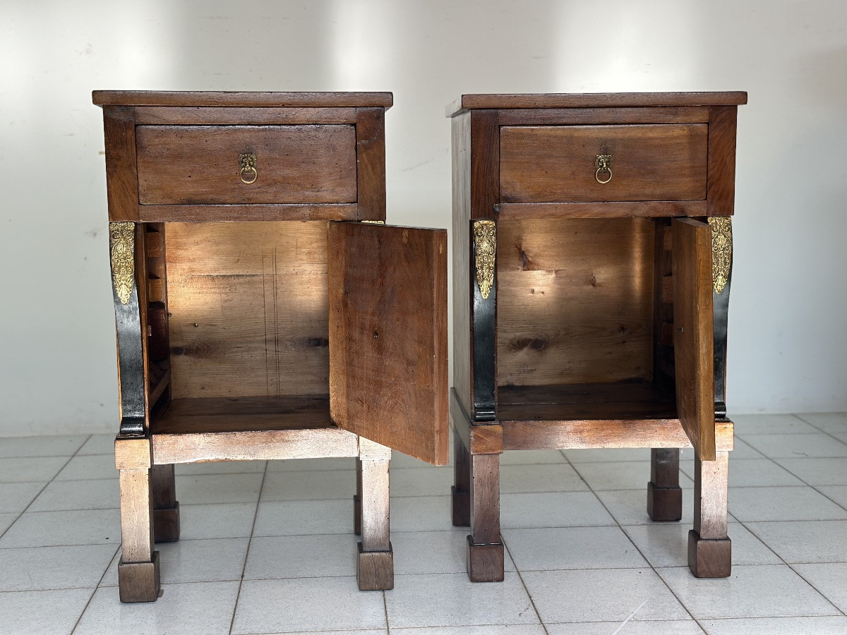 Pair Of Empire Walnut Bedside Tables, Early 19th Century Italy-photo-5