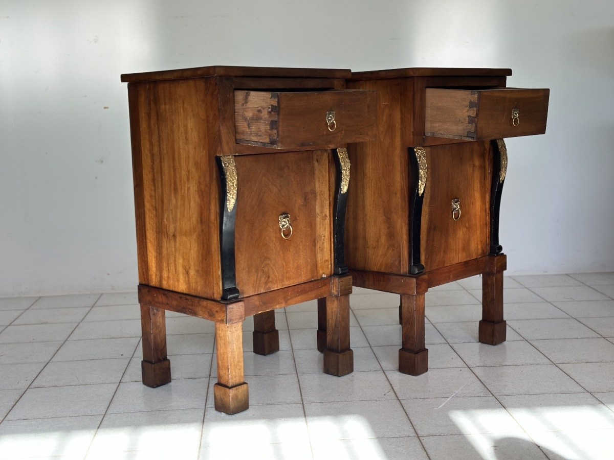 Pair Of Empire Walnut Bedside Tables, Early 19th Century Italy-photo-6