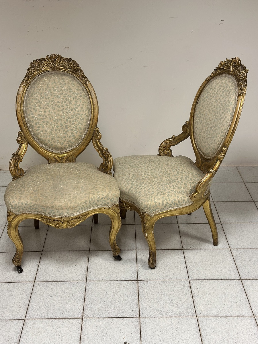 Paire de fauteuils en bois sculpté et doré. XIXe siècle.-photo-1