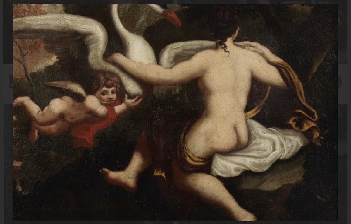 Huile sur toile. Léda et le Cygne, peintre lombard du XVIIe siècle.-photo-2