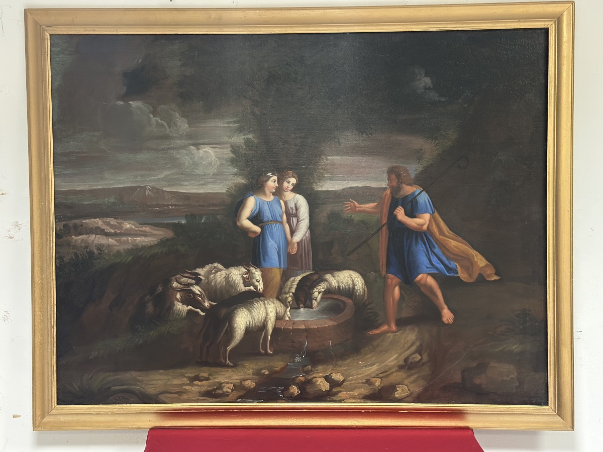 Huile sur toile. Moïse avec les filles de Jéthro. XVIIIe siècle.-photo-1