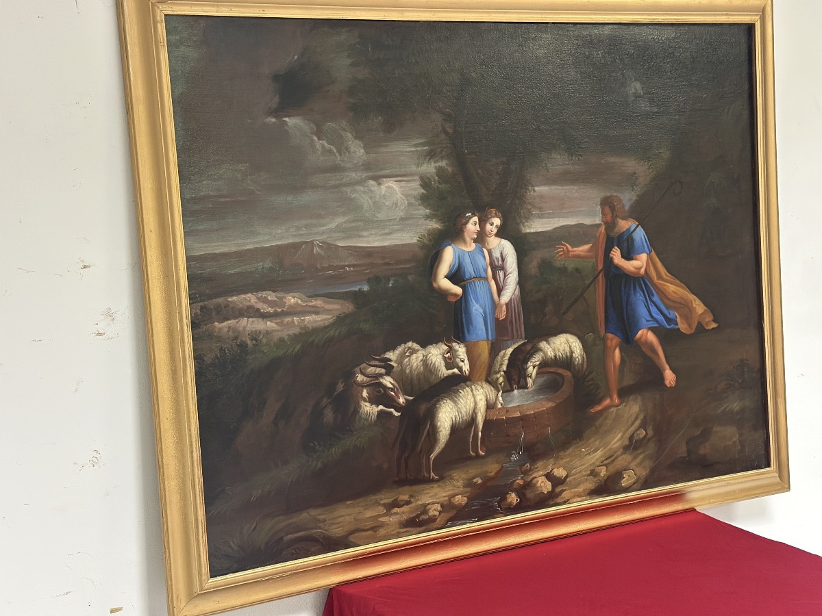 Huile sur toile. Moïse avec les filles de Jéthro. XVIIIe siècle.-photo-3