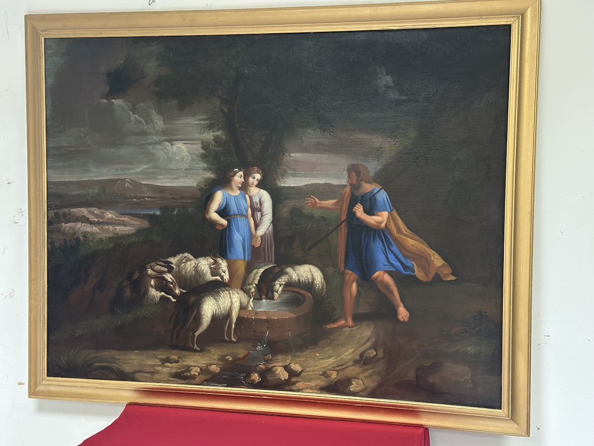 Huile sur toile. Moïse avec les filles de Jéthro. XVIIIe siècle.-photo-4