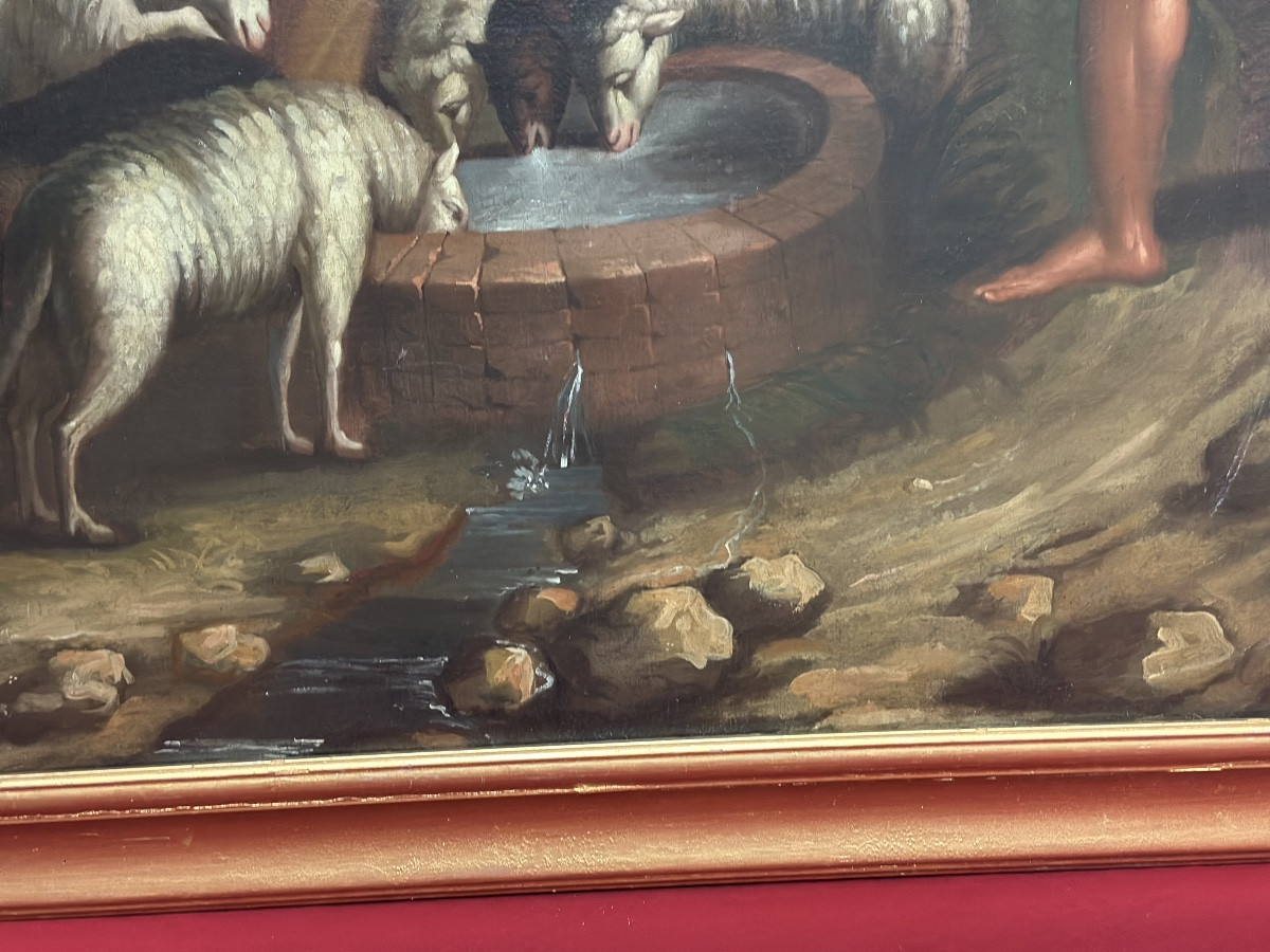 Huile sur toile. Moïse avec les filles de Jéthro. XVIIIe siècle.-photo-5