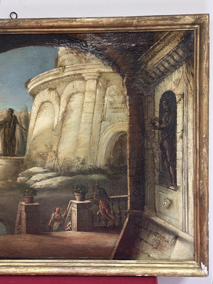 18th Century Italian Oil On Canvas Painting, Architectural Capriccio With Figures-photo-3