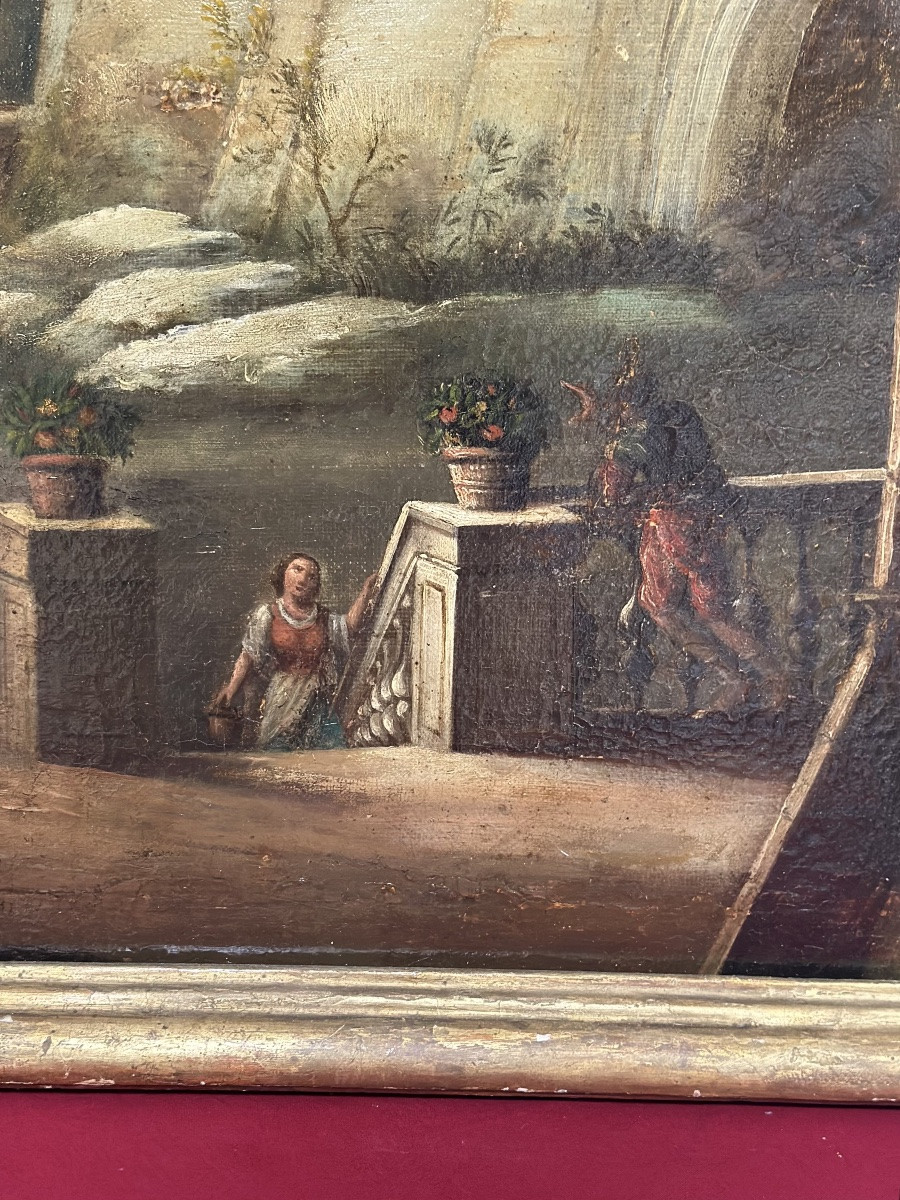 18th Century Italian Oil On Canvas Painting, Architectural Capriccio With Figures-photo-4